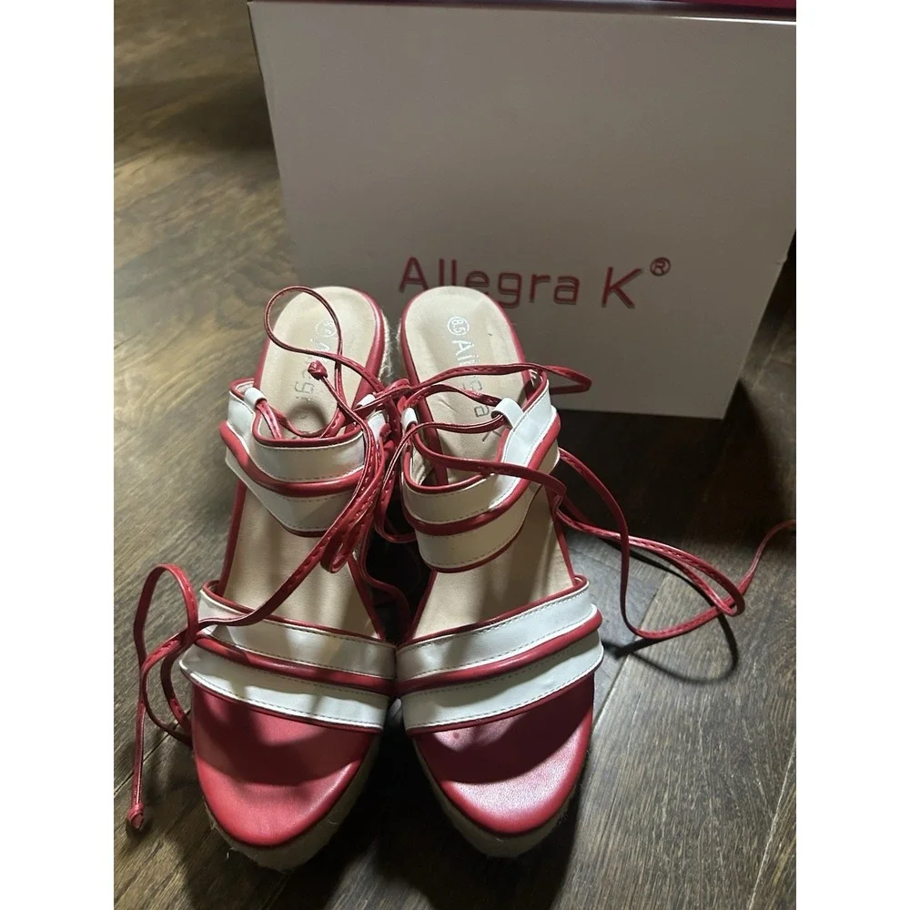 Allegra K Women's Espadrille Wedges 8.5  Striped Ankle Tie  Red And White‎ NEW